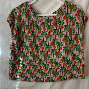 Bouffants And Broken Hearts Tropical Flamingo Print Linen Crop Top Size Large